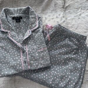 Earth Angels Pajama Set Gray & Pink Polka Dot Soft Fleece Satin Accent Sz Large